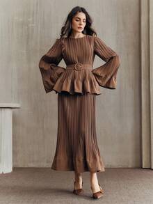 Anewsta 优雅时尚约会之夜新年派对外出专业百搭褶皱鱼尾腰带喇叭袖长款两件套连衣裙，春夏皆宜 - 棕色 - 查看 5
