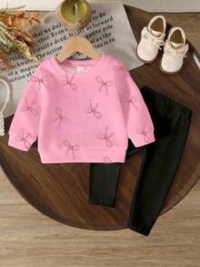 Playful Pals 2 件套甜美女童可爱简约蝴蝶结图案针织柔软圆领长袖运动衫和紧身裤套装，适合秋冬季，舒适休闲，秋季分层穿着之选，时尚装扮，适合返校、户外、摄影、居家、校园、节日、礼物 - 彩色 - 查看 2