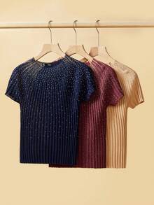 Anewsta Burgundy, Navy Blue, Khaki Short Sleeve Round Neck Mesh Splice Ribbed Knit Sequin Embellished Fashionable Versatile Slim Fit Elegant Commuting Summer New Knit Top - Multicolor - View 8