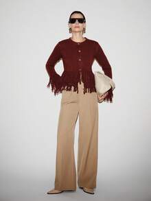 Lumivelle Cardigan à manches longues pour femmes, col rond, boucle métallique, franges, style décontracté - Rouge foncé - Voir 4