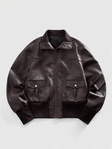 ROMWE MEN Street Life Men's Fashionable Retro Brown Leather Jacket - Brown - View 1