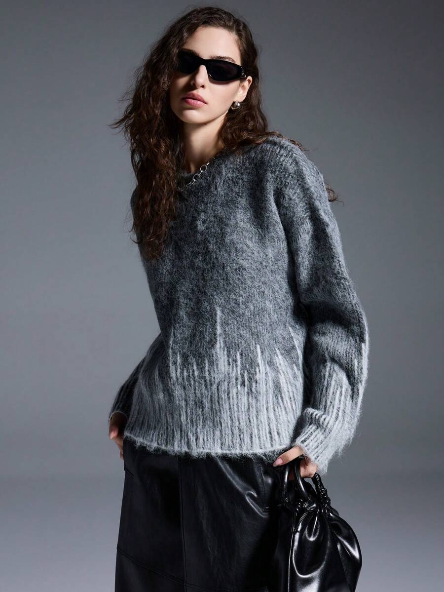 MYSTAURA Women's Casual Colorblock Loose Dropped Shoulder Sweater, Autumn/Winter - Black and White - View 1