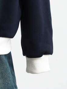 SHEIN 少女纯色撞色半开襟简约时尚卫衣，适合外出、上学、通勤、购物及其他日常场合。 - 藏蓝色 - 查看 5