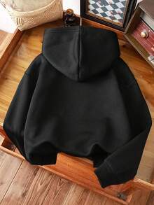 SHEIN Teen Girl Casual Fashionable Creative Simple Letter 67 Slogan Star Print Sweatshirt, Pink With Eye-Catching 67 Design, Heart And Star Graphic, Basic Round Neck Black With Hood - Black - View 2