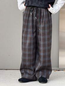 DAZY Tween Boy Casual Plaid Drawstring Waist Slant Pocket Loose Pants, Autumn - Brown - View 6