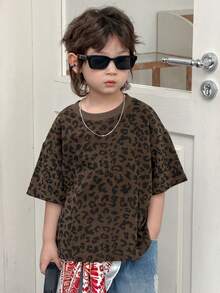 Dazy Kids Young Boy Casual Fashionable Street Leopard Print Loose Fit T-Shirt, Summer
