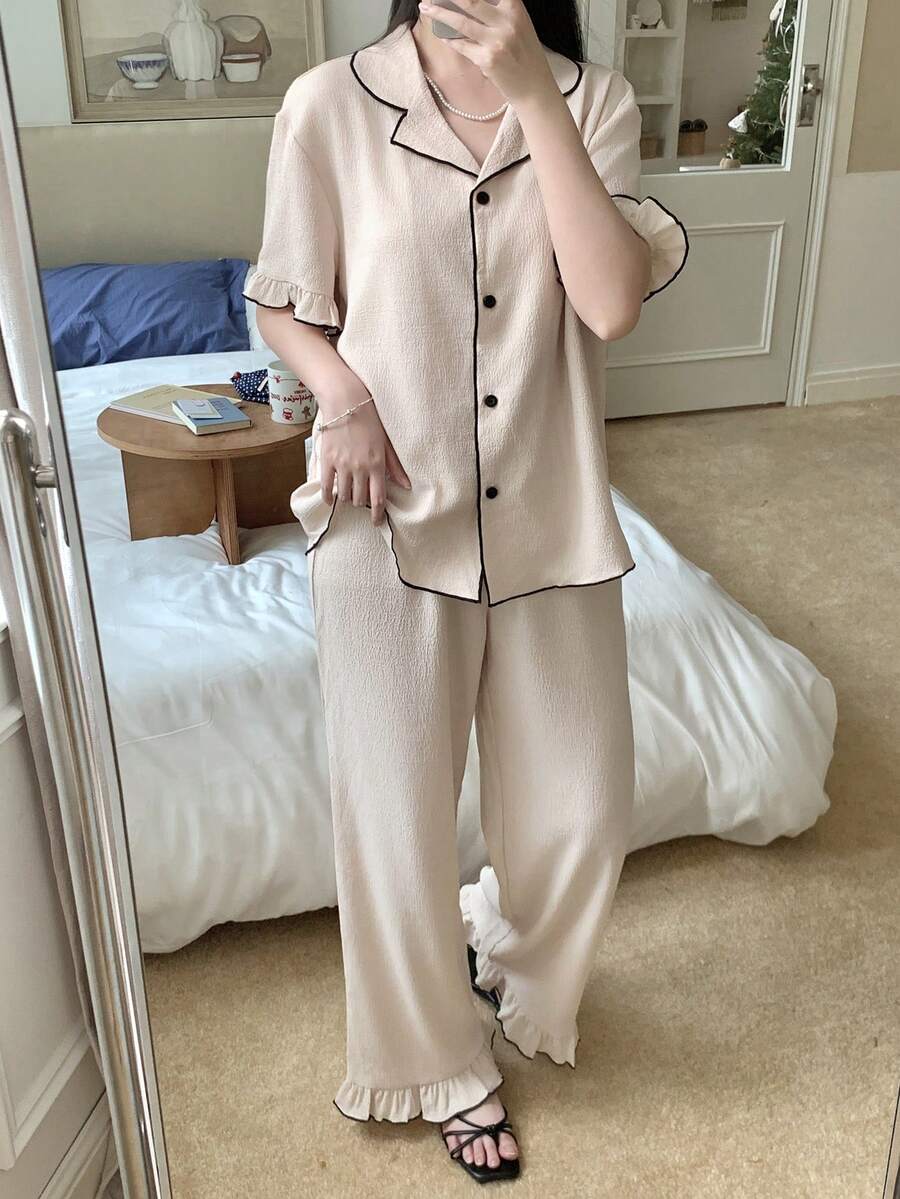 SHEIN 少女雪纺荷叶边领泡泡袖睡衣,休闲家居服 - 杏色 - 查看 1