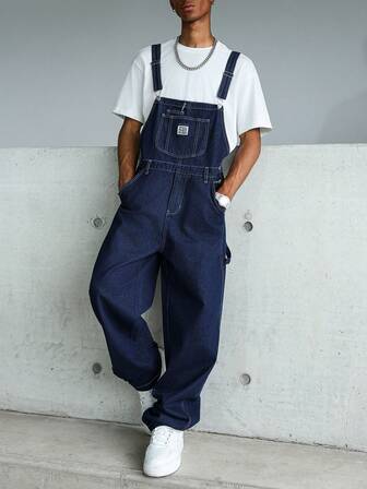 Manfinity Roghcode Men's Street Wear Multi-Pocket Chest Protector Blue Versatile Denim Overalls