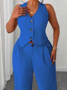 Maweii Conjunto de 2 piezas de chaleco corto y pantalón de pierna ancha de unicolor para mujer de talla grande - Neblina azul - Ver 4