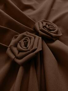 Maweii 优雅褶皱腰身连衣裙，不对称下摆，泡泡袖，饰以玫瑰花卉图案，简约设计，适合日常穿着和通勤，大码尺码 - 棕色 - 查看 6