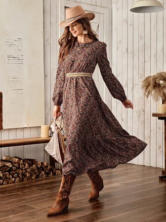 Wildy Amerikansk, avslappnad lantlig västerländsk stil för kvinnor, prydlig blommig långärmad klänning, vardaglig basoutfit för höst/vinter