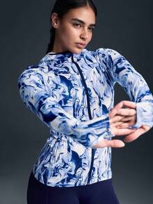 Powerista Women's Casual Full Print Zip-Up Hooded Sports Jacket, Autumn - Blue and White - View 6