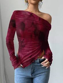 Firerie 优雅浪漫的酒红色扎染露肩长袖上衣 - 复古富贵风格秋冬女士派对服饰，完美适用于约会、情人节、夜店、婚礼和鸡尾酒会。 - 彩色 - 查看 5