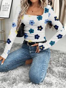 Easowa 女士休闲长袖印花浪漫优雅T恤，适合秋冬季作为内搭，适合外出、街头风、通勤上班，时尚百搭。 - 彩色 - 查看 6