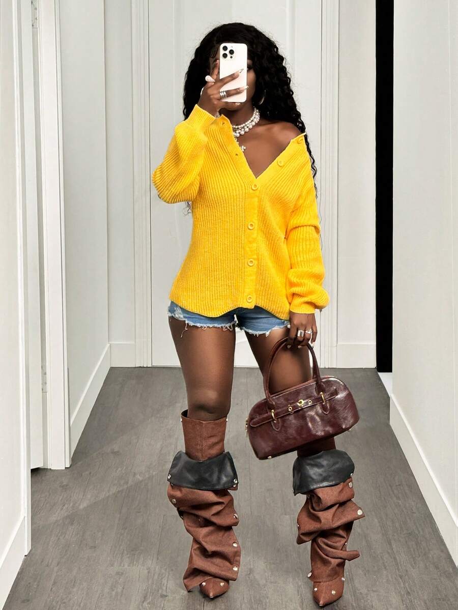 BamGleam Damen Langarm Strickjacke, einfarbig gelb, Knopfverschluss, retro-lässiger schicker minimalistischer Street-Style, Winter für Damen