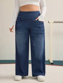 Flexra Plus Size Women Knitted Denim Wide Leg Casual Pants Cowboy Pants For Women Elastic Waist Jeans - Dark Wash - View 5