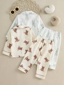 SHEIN Vintaside Kids Bộ 4 món đồ ngủ hở lưng cho bé trai, áo dài tay và quần dài, họa tiết thỏ và gấu dễ thương, vải mềm mại, thoải mái và phù hợp để bé trai mặc hàng ngày - trắng - Xem 2