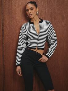 Hauture Women's Zip Front Striped Cardigan With Barrel Sleeve - Black and White - View 2