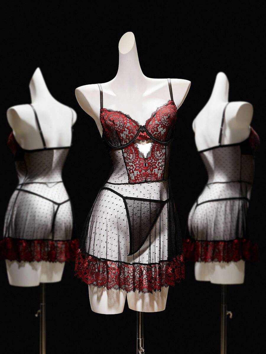 SHEIN 2pcs Lace Patchwork Underwire Sexy Lingerie Set For Women - Multicolor - View 1