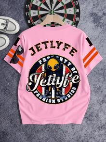 Manfinity Dauomo Men's Letter And Alien Print Round Neck Short Sleeve Casual T-Shirt - Pink - View 1