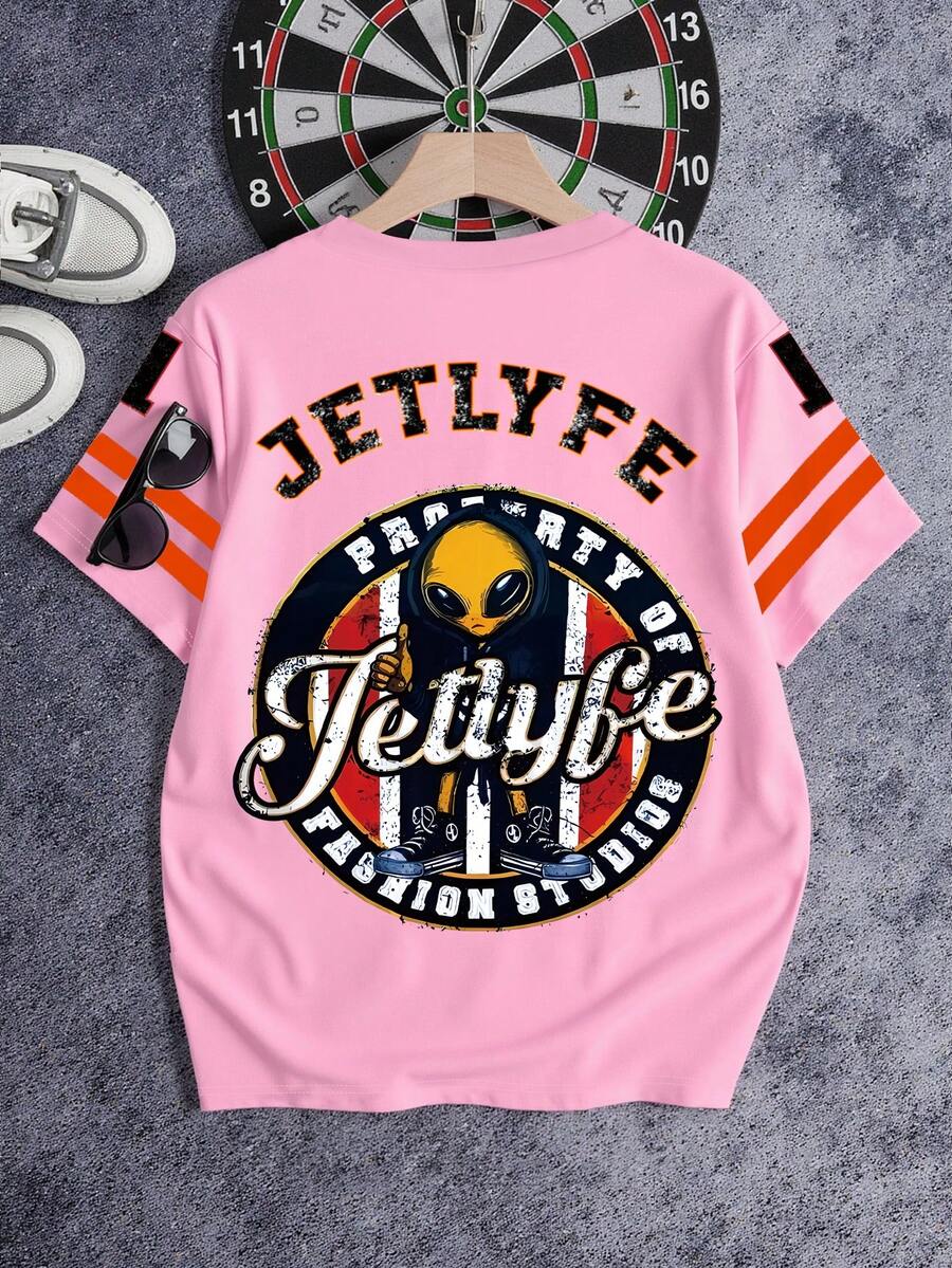 Manfinity Dauomo Men's Letter And Alien Print Round Neck Short Sleeve Casual T-Shirt - Pink - View 1