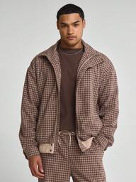 Musero Rahat Kareli Fermuarlı Gizli Düğmeli Yaka Düşük Omuz Dik Yaka Eşofman Üstü Kazak Ceket Sadece Üst Sonbahar Kış Temel Ürünleri