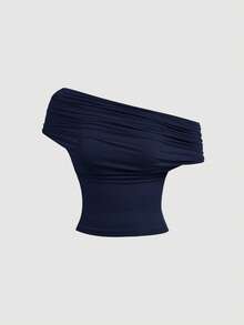 SHEIN MOD 三穿式女士休闲纯色修身夏季上衣，高领露肩款，时尚百搭，适合节日、乡村风、海滩度假、下午茶、舞会等场合，可爱又百搭，另有大码吊带背心可选。 - 藏蓝色 - 查看 4