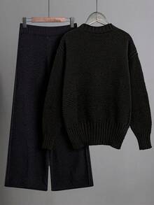 Franclia Set 2pcs/Set Warna Polos, Atasan Sweater Lengan Panjang Kerah Bulat dan Celana Panjang Lebar, Set Rajut Kasual - Hitam - View 2