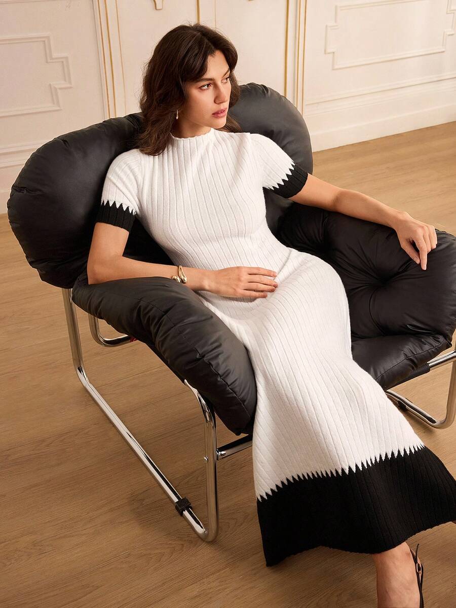 Lilora 女士罗纹撞色修身短袖针织连衣裙，秋冬季女士精致优雅穿搭，春夏过渡季女士服装