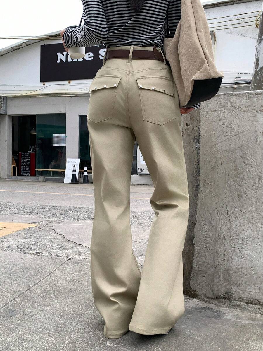 DAZY Quần ống loe đinh tán màu trơn phong cách Hàn Quốc đơn giản cho nữ - Màu Khaki - Xem 1