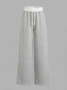 SHEIN Tween Girls Light Grey Plain Polyester Long Sweatpants Everyday Casual Comfort With Drawstring - Light Grey - View 2