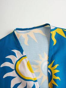 波西米亚风秋冬休闲舒适亚麻质感日星月印花蓝色宽松撞色刺绣袖口和下摆两件套女士睡衣套装 - 藍色 - 查看 3