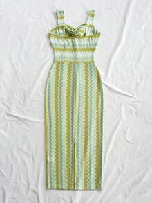 Soleia 女士印花扭结休闲度假中长吊带裙 - 綠色 - 查看 2