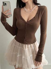 DAZY 女士深V领修身长袖休闲T恤 Y2k - 棕色 - 查看 5