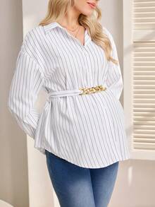 SHEIN 孕妇衬衫，长袖衬衫领，开襟纽扣，腰带，A字下摆衬衫 - 白色 - 查看 5