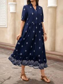 EMERY ROSE 女士几何印花连衣裙，休闲假日风 - 藍色 - 查看 4