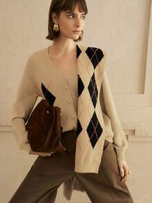 SHEIN LUNE Women's Arctic Fleece Fabric Loose Fit Diamond Placket Design Everyday Casual Cardigan   Sweater Winter Clothes Without Scarf New Year - Multicolor - View 6