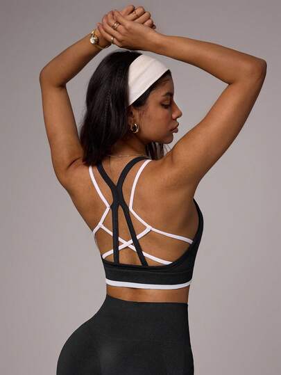 Seamluxe SHEIN Sport Women's Contrast Color Criss-Cross Back Wireless Comfortable Sports Bra