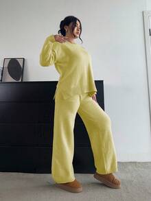 POPSWAY Soft & Flattering Versatile Casual Wide Leg Pants & Long Sleeve Knit Set - Light Yellow - View 3
