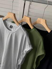 SHEIN LUNE 3件装女士休闲纯色基础款短袖T恤，3件装纯色上衣 - 軍綠色 - 查看 4