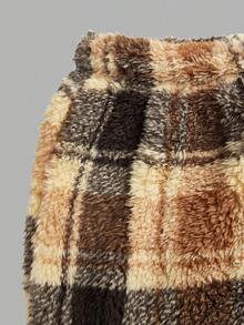 Tween Girl Loose Casual Minimalist Comfortable Round Neck Long Sleeve Fleece Top & Plaid Pants Pajama Set - Brown - View 9