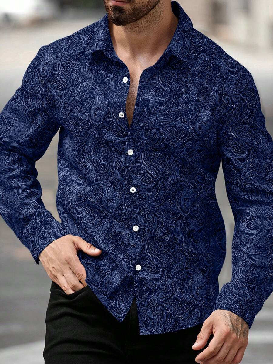 Manfinity Homme Men's Casual Vacation Style Paisley Print Long Sleeve Shirt, Spring/Autumn - Multicolor - View 1