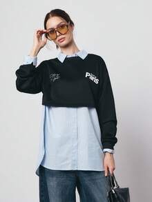 SURIMA Casual Minimalist Printed Pattern Cropped Loose Fit Women Sweatshirt - Black - View 4