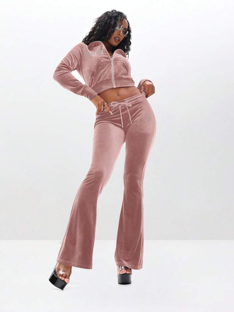 BABYPHAT Low Rise Velour Flare Sweatpants With Rhinestone Embellishments For Comfort And Style