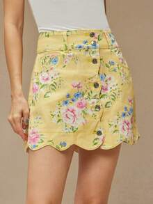 WESTFADE High Waist Scalloped Button Front 100% Cotton Denim Flower Print A Line Mini Jean Skirt Casual, Cute, Autumn, Winter, Boho, Western Wear For Women, Country Concert - Light Yellow - View 4