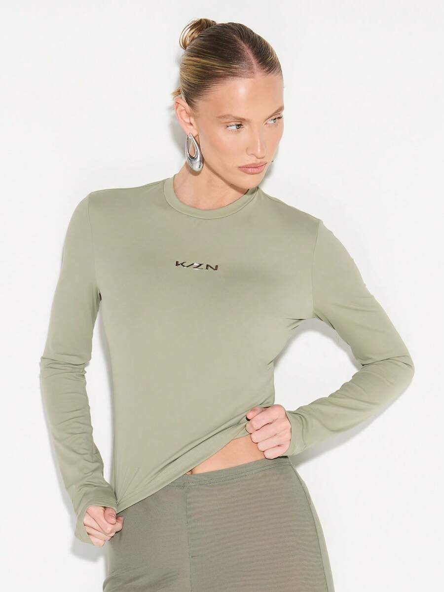 KIZN 女士长袖圆领上衣，饰有品牌标志印花，修身剪裁，休闲叠穿基础款 - 綠色 - 查看 1
