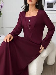 SHEIN Najma Square Neck Button Decor Long Sleeve Knit Dress For Women - Red Violet - View 7
