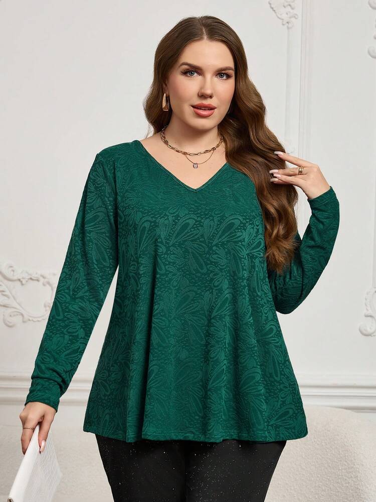 Tee-shirt ample style babydoll à ourlet fluide, col V en jacquard, manches longues, couleur unie, style décontracté vacances. Convient pour le printemps/automne, l'hiver, Noël, le Nouvel An, les fêtes élégantes, la Saint-Valentin, la Fête des Mères. Top vert confortable et décontracté pour les vacances de printemps