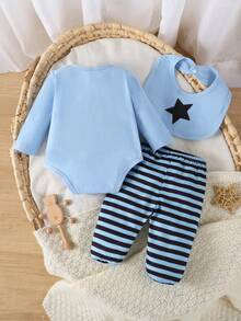 新生儿长袖连体衣、连脚裤和围兜三件套，可爱家居服 - 藍色 - 查看 2