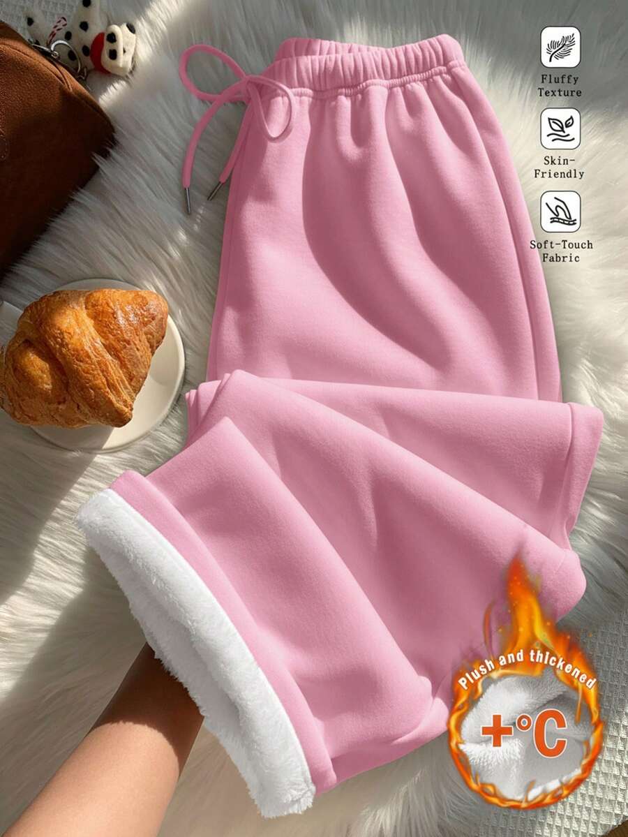 Comfortcana 粉色女士休闲宽松系带保暖运动裤，适合日常穿着和开学季，秋冬季 - 粉色 - 查看 1